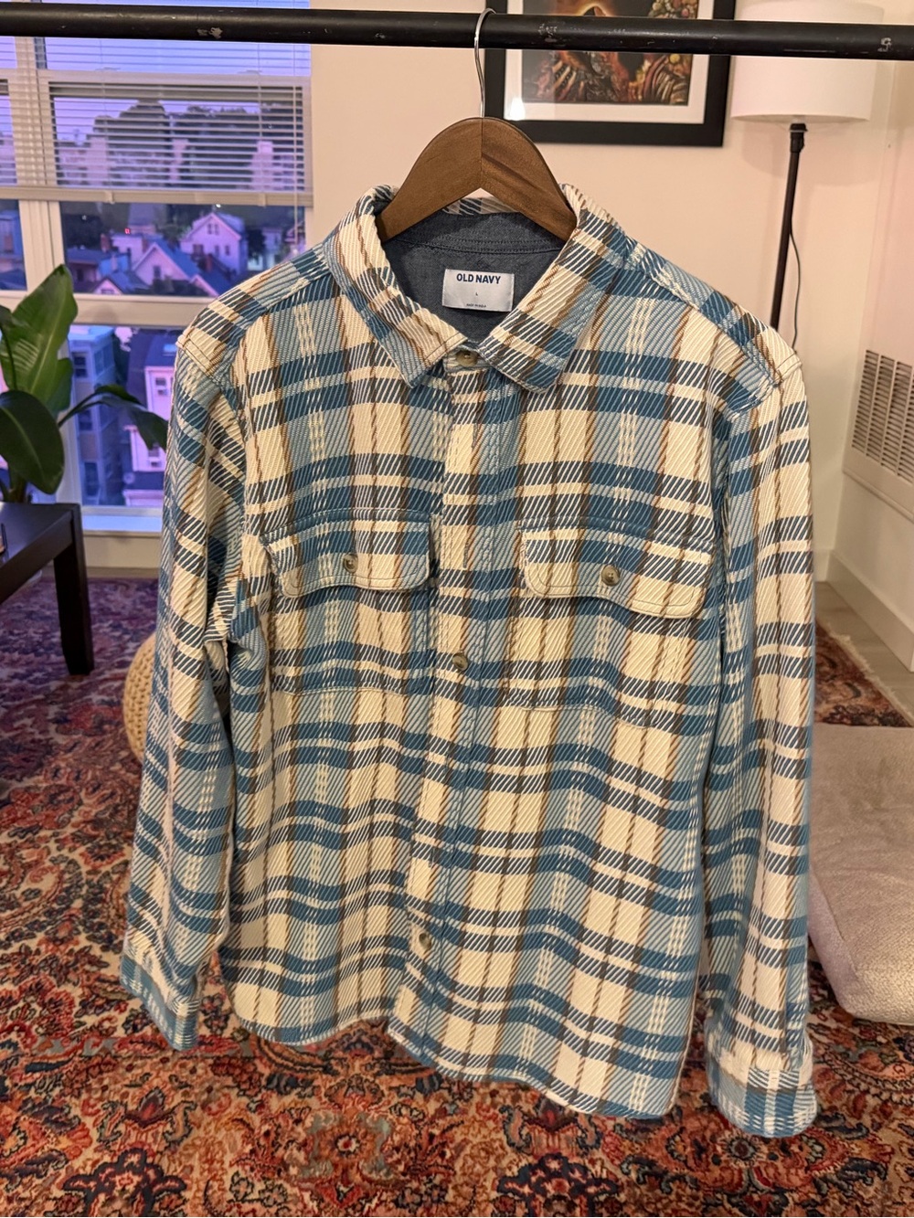 Old Navy Blue and Cream Plaid Button-Down Shirt